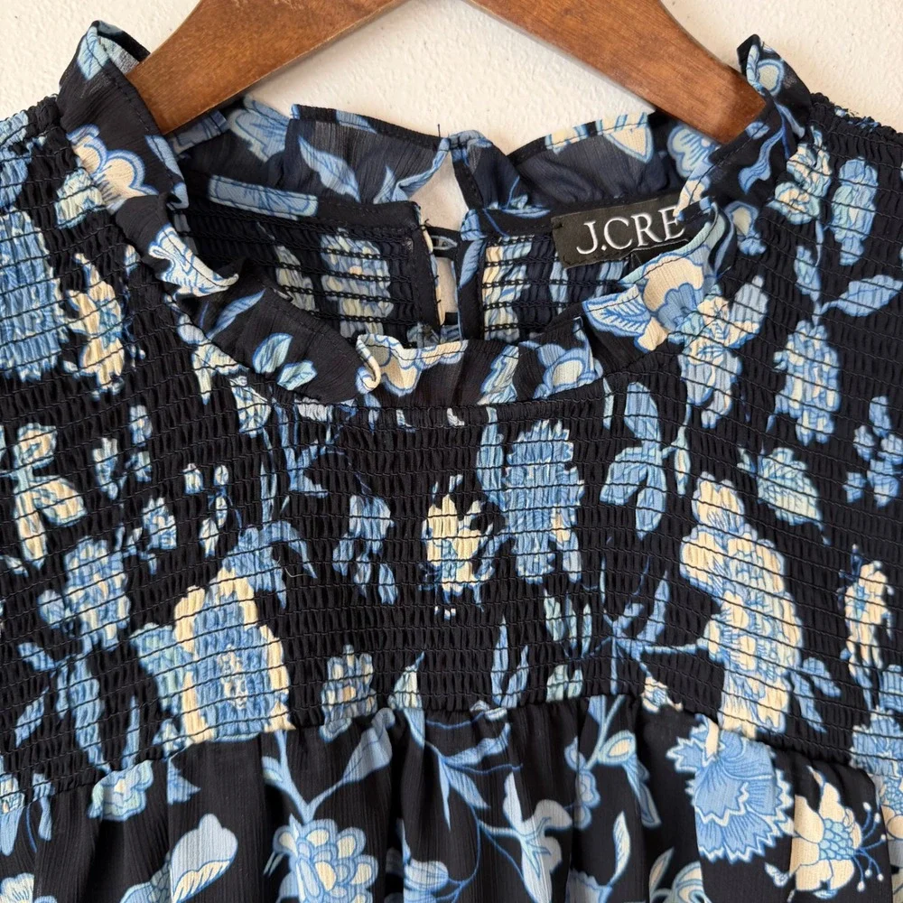J. Crew Floral Smocked Blouse M Blue Ruffle Mock Neck Cottagecore Lined Boho